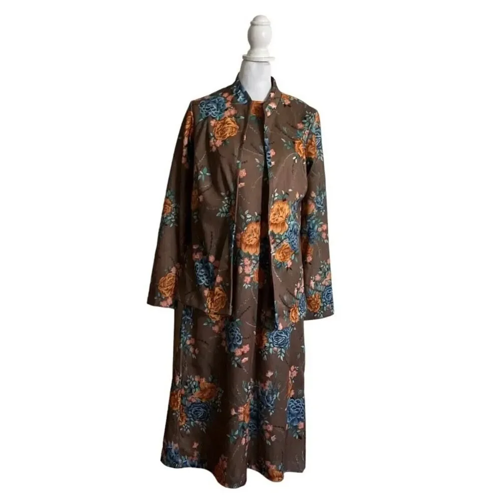 Vintage 1970s Sears Dress Cardigan Taupe Floral 2 Piece Set Maxi US Size 10 - Picture 5 of 16